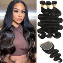 BingShang Body Wave 3 Bundles With Closure Brazilian 12A Unprocessed Virgin Human Hair 4x4 Free Part Closure Body Wavy Human Hair Bundles With Closure Natural Color Free Part HD Lace Transparent - 1B - View 2