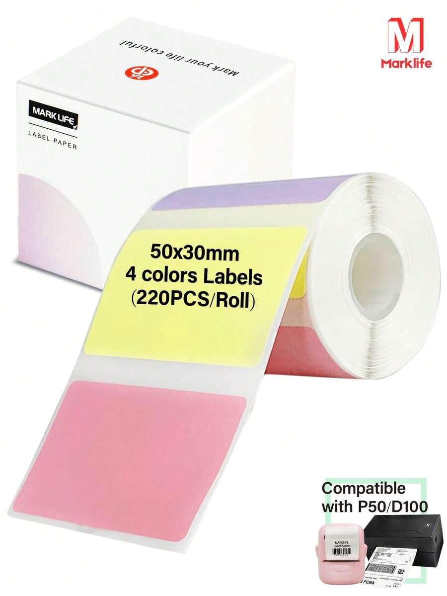 Marklife 50x30mm, 1.97 Inches X 1.18 Inches Direct Heating Thermal Paper Roll, 4-Color Permanent Self-Adhesive Labels, Barcode Labels, Durable Label Paper, Suitable For P50 And D100 Thermal Printers Manufacturers. Each Roll Contains 220 Labels. Perfe - View 1