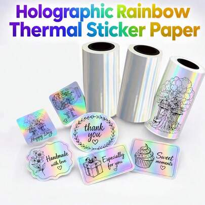 Thermal Holographic Stickers,Rainbow Glitter Thermal Stickers,Compatible With C9/C17/X6/T02/M02 Mini Printers, For Pictures, Photos, Study Notes, DIY Design, Holiday Parties, Gift Decorations