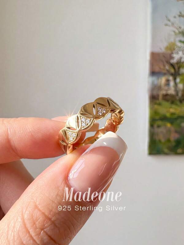 MADEONE 1 Peça Anel em Formato de Leque com Zircônia, Prata Esterlina 925 Banhada a Ouro, Joia de Promessa Charmosa, Presente Requintado para Mulheres, Decoração Diária e para Encontros de Meninas