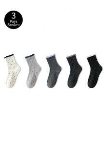 ZUJO 3 Pairs Sweet Women's Mid-Calf Socks, Polka Dot Pattern Bubble Lace Short Socks, Simple And Comfortable, Suitable For Spring, Autumn, Winter Sports Wear, Random Color - Multicolor - View 5