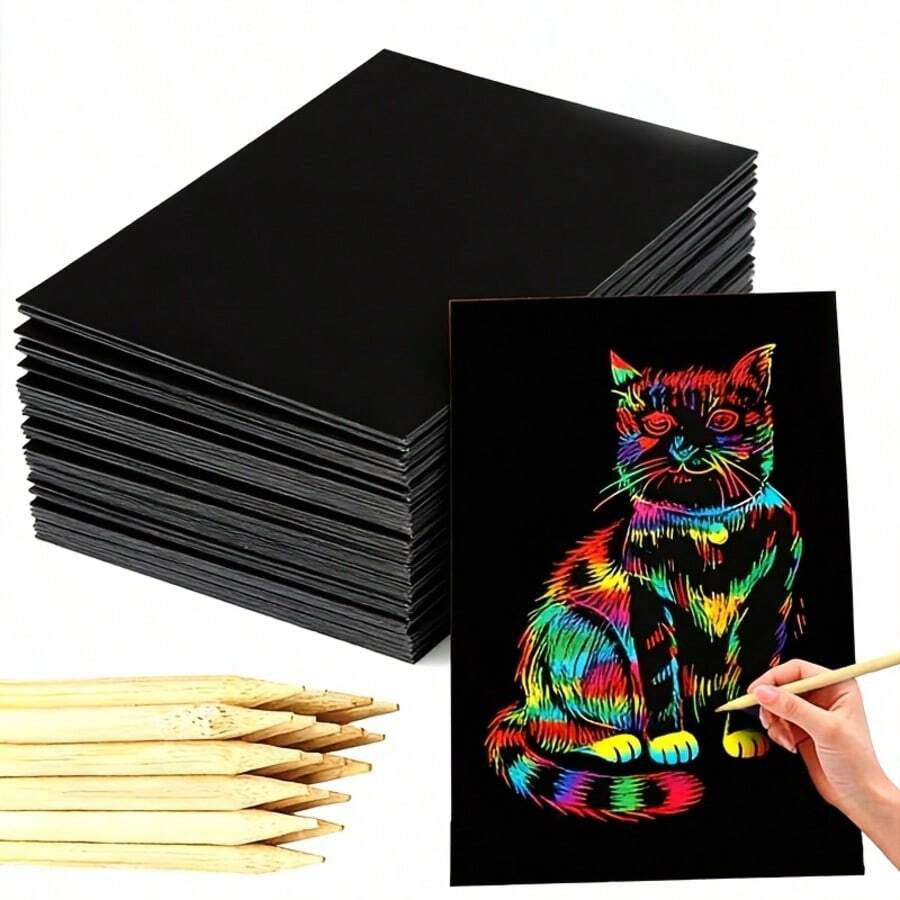 Rainbow Scratch Art Paper Set, Includes 50 Sheets Of Scratch Paper, 4 Reusable Templates, Scratching Pens And Cleaning Brush, Suitable For DIY Painting, Creative Crafts And Art Projects - One Size Fits All - View 1