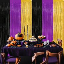 3pcs/Set Halloween Purple Black Gold Foil Fringe Curtain, Halloween Photo Booth Prop, Holiday Party Backdrop, Shimmering Background, Birthday Party Decoration - Multicolor - View 3