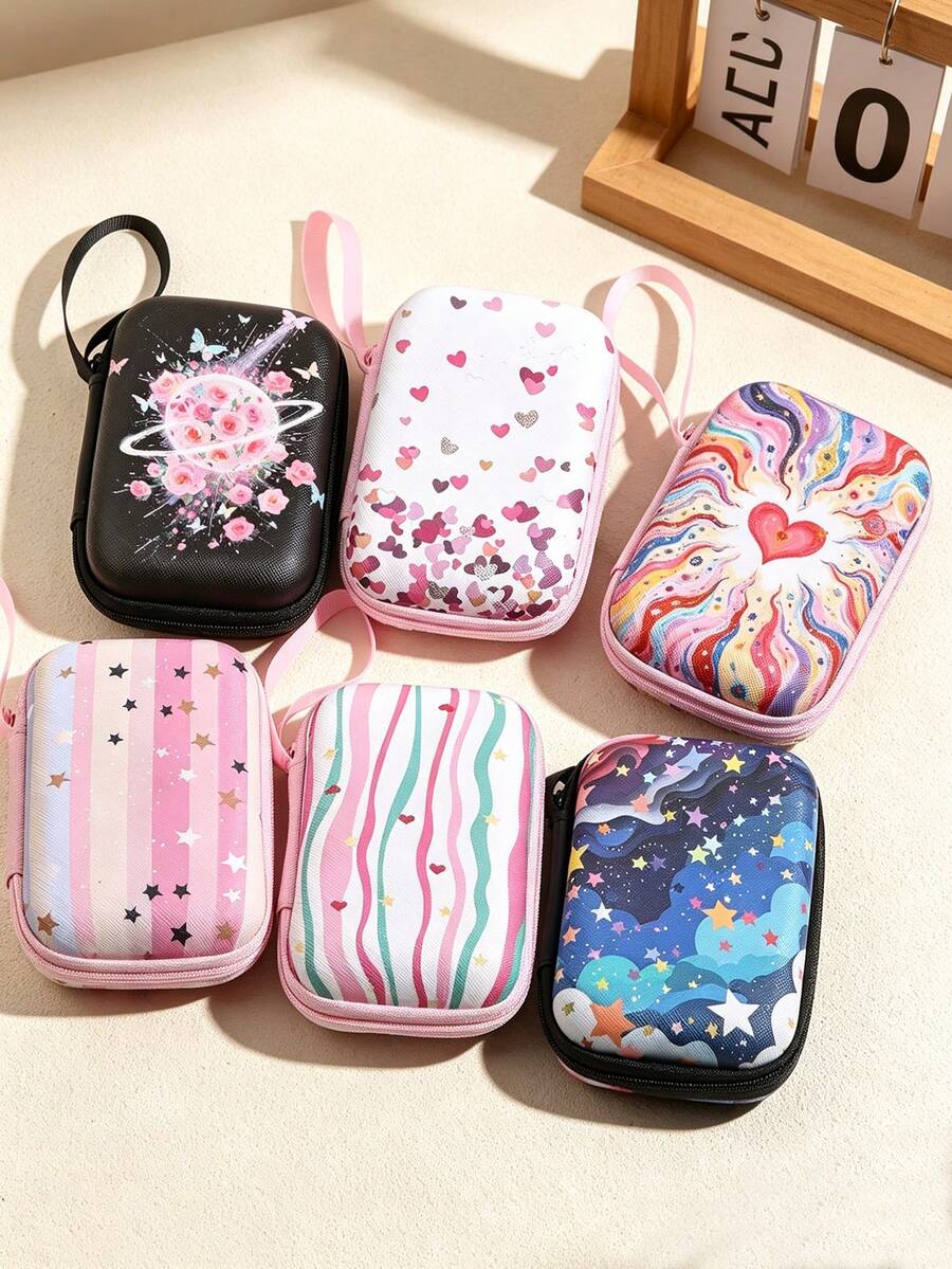 Portable Hard Storage Case Pink Green Striped Heart Star Print Zipper Organizer Bag With Hand Strap For Power Bank Earbuds Charging Cables Small Gadgets /Earphone Data Cable Charger Storage Bag Earphone Storage Box Anti Drop Zipper Bag Cartoon Creative - Multicolor - View 1