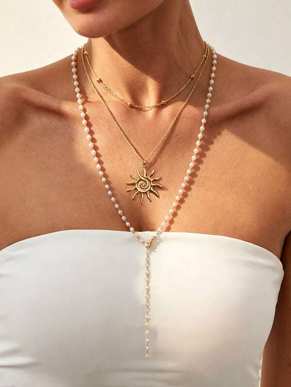 3pcs Elegant Fashionable Gold Sun Pendant Necklace And White Faux Pearl Beaded Y-Shaped Long Necklace For Women, Bohemian Style Gold Spacer Beads Necklace And Gold Choker For Girls, Vintage Artistic Asymmetrical Sun Multi-Layer Party Jewelry For Girls, Suitable As Lucky Birthday Gift For Best Friends