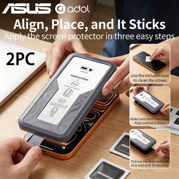 ASUS 2pcs Ultra HD Tempered Glass Screen Protector, Compatible With IPhone 17/16/15 Series, 9H Hardness Anti-Fingerprint Full Coverage Film, With Dust-Free Installation Box, Shockproof And Compatible With Phone Cases, IPhone Screen Protector
