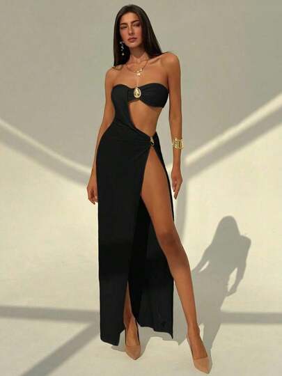 Nuevo vestido de playa sexy con cuello halter, cintura calada y elemento decorativo marino, con abertura alta, para primavera/ve