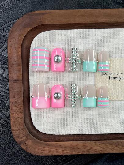 10pcs/Set Y2K Nails Handmade, Cute Nails, Pink Nails, Blue Nails, Pink Stripe Nails & Sparking Rhinestone Nails, Perfect For Parties & Daily Wear. Short Square Nails. Handmade Press On Nails Square, Fake Nails, Acrylic Nail, Short Nails, Summer Nails