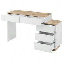 5-Drawer Desk, Dressing Table, Storage Function, For Bedroom, E1 Particle Board, White+Oak - 白色 - 查看 7