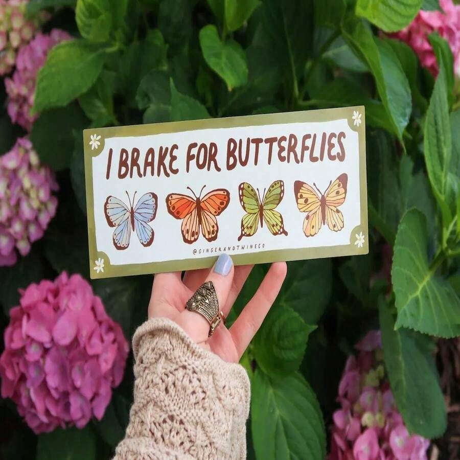 I Brake For Butterflies Retro‑Style Car Bumper Sticker, Colorful Hand‑Drawn Butterfly Pattern Vinyl Decal, Waterproof Nature‑Themed Auto Exterior Decor - Sticker - View 1