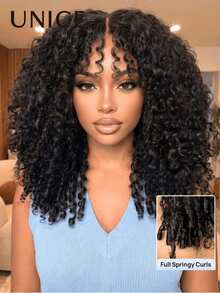 UNice 7x5 Bye Bye Slip™ Lace Face-Framing Wispy Bangs Curly Texture Drawstring Wig With Finger Coil Ends Pre Plucked Pre Cut Bleached Knots Ready To Wear Beginner Friendly For Women Put On And Go Summer Natural Black 150% Density - Natural Black - View 3