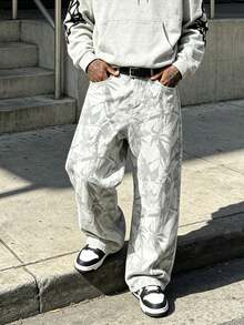 Y2K Street Style Men's Vintage Washed Light Gray Floral Pattern Loose Oversized Wide Leg Denim Jeans Casual Pants - White - View 1