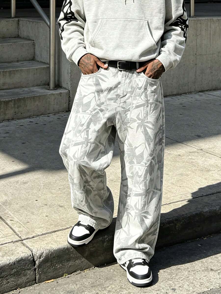 Y2K Street Style Men's Vintage Washed Light Gray Floral Pattern Loose Oversized Wide Leg Denim Jeans Casual Pants - White - View 1