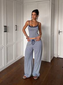 Minimalist Camisole Top And Drawstring Waist Sweatpants Set - Royal Blue - View 3