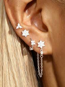 4PCS Fashion Zirconia Flower Tassel Chain Pendant Earrings Set For Women Stainless Steel Clover Ear Stud Cartilage Piercing Jewelry - 4PCS - Silver - View 2