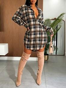 女款休閒格紋襯衫洋裝，翻領長袖單排扣，秋冬街頭時尚優雅棕色 - 棕色 - 查看 1