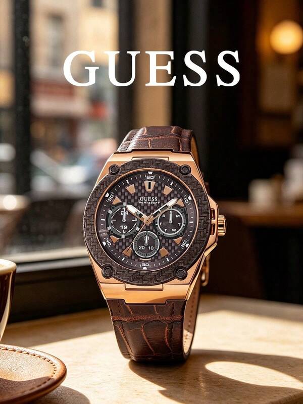 GUESS Men's Rose Gold Case Chronograph Watch, Brown Crocodile Texture Leather Strap Multi-Function Sports Quartz Wristwatch