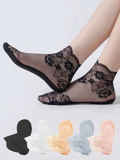 chuanwa（2） 1/5/10 Pairs Of Women's Student Summer Fashion Thin Cute Lace Flower Mesh Cool And Breathable Paired With Shoes And Short Socks