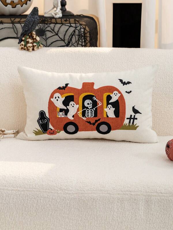 1pc Halloween Ghost & Bat Embroidered Pillowcase, Halloween Pumpkin Pillowcase, Suitable For Indoor Decor, Ghost Festival Decoration, All-Season Pillowcase, Without Insert