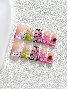 10Pcs Retro Handmade Press On Nail,Polygel Nail Set,Butterfly Flowers Pattern,Black And Pink Nail Polish,Springtime Countryside Style,Includes Nail Tools,3 Sizes Available,Almond Nails,Duck Nails,Coffin Nails For Party,Dance,Daily Wear. - 彩色 - 查看 2