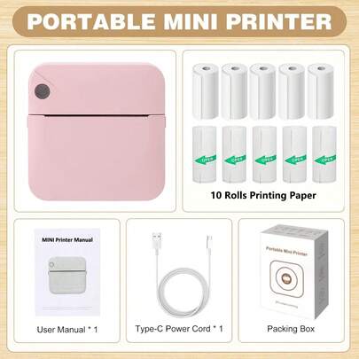 Portable Mini Printer Kit (Includes 10 Rolls Of Paper), USB Rechargeable, Prints Photos And Labels, Includes USB Cable And Ideal For Travel And Home Use, A Perfect Printing Solution