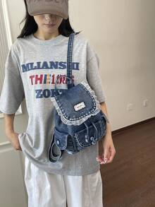 Dedoo 女款迷你抽繩翻蓋後背包，純色無印花，無吊飾蕾絲飾邊標籤，雙側口袋，適合日常通勤、上學、旅行 - 深色水洗藍 - 查看 11