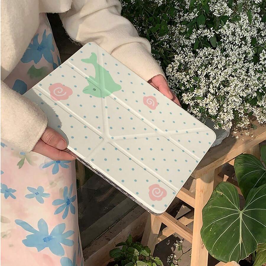 Fashion Creative Green Polka Dot Dolphin Pattern Tablet Protective Case Compatible With Apple 11th Generation Minimalist 10th Generation Tablet Protective Shell With Pen Slot Air 82026 New Pro 11 Fashion Mini 7 Cute Air 7/6 Anti-Bend 11 Inch Girls Tablet Protective Cover Boys Tablet Protective Shell - White - View 1