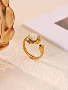 Minimalist Elegant White Faux Pearl Camellia Stainless Steel Women's Ring, Gold Anti-Rust Adjustable Flower Ring, Suitable For Girlfriend, Mother And Best Friend, Wedding, Proposal Jewelry, Vacation, Party, Bridesmaid Accessory, Birthday, Anniversary Gift - Multicolor - View 7