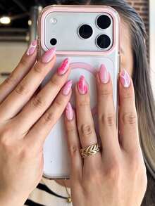 10 Pieces Of Handmade Press On Nails,Nails,Fake Nails,Short Nails,Almond Nails,Pink Nails,With White Wavy Line Patterns,Nails Printed With Pink Petal Water Ripple Texture And Twisted Pink Swirl Accents,Perfect For Daily Wear And Date. - Pink - View 2