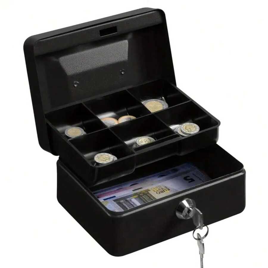 1 pieza Caja de caudales compacta de metal con cerradura con contraseña, caja de con bandeja para monedas, superficie brillante negra, adecuada para minoristas, uso personal, oficina en casa y almacenamiento