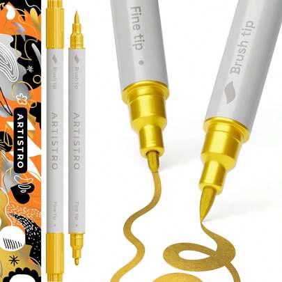 ARTISTRO 2 Gold Dual-Tip Acrylic Paint Pens - Multisurface Markers For Glass, Rock, Fabric, Wood, Plastic &Amp; More - 1 Mm Fine &Amp; Brush Tips
