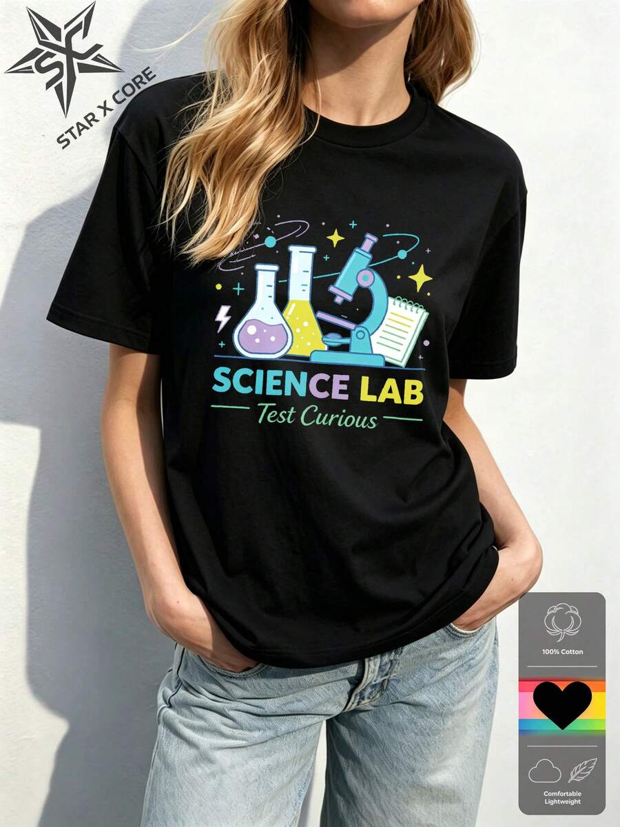 SCIENCE LAB Fun Lab Print Cotton Short Sleeve T-Shirt Science Lover Style Chemistry Gift - Black - View 1