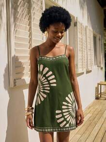CAJUNI Vacation Casual Geometric Print Camisole Dress,Bohemia,Werstern,Tropical Parrot Pattern,Suitable For Summer Outfits,Summer Dresses Women,Beach Elegant - Army Green - View 4