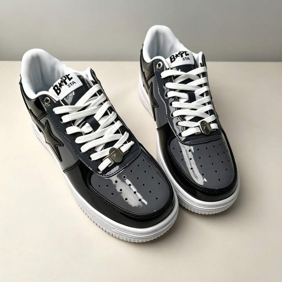 A BATHING APE Bape 休闲滑板鞋，撞色星形Logo亮面休闲运动鞋，黑灰镜面男女款