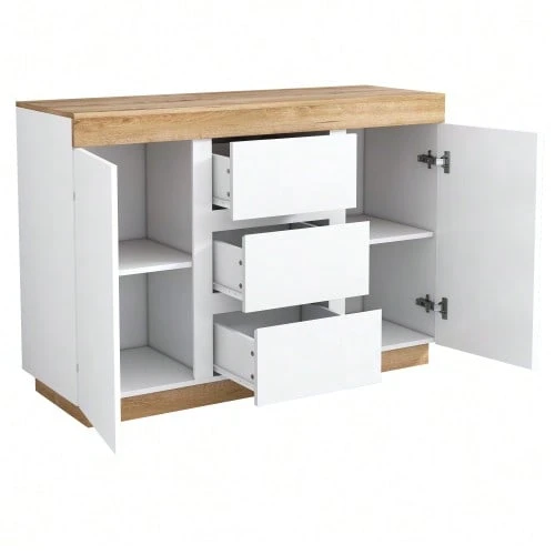 3-Drawer And 2-Door Dresser, Storage Compartment, Storage Function, For Bedroom And Living Room, E1 Particle Board, White+Oak - 白色 - 查看 1