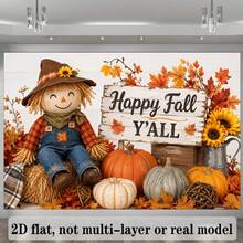 2D Flat Banner, Autumn Harvest Theme Background With Scarecrow, Multi-Color Pumpkins, Sunflowers, Autumn Maple Leaves Elements, Printed With Happy Fall - Style 1 - View 2