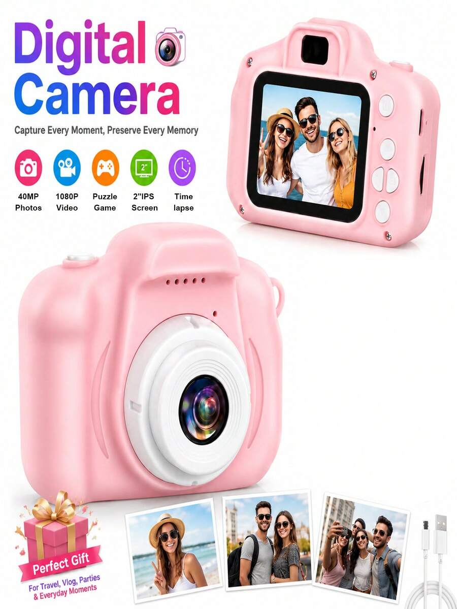 This Upgraded 1080P High-Definition Digital Camera Features A 2-Inch Screen, Supports Video Recording, DIY Photo Frames, And Multiple Games, Making It The Perfect New Year/Birthday/Holiday Gift For Girls. It Is Cute And Portable, Suitable For Both Men And Women, With A Built-In 200mAh Rechargeable Battery, Making It An Excellent Choice For A Birthday Present. - Pink - View 1
