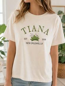 Women's Casual Cotton Short Sleeve Round Neck T-Shirt With Tiana New Orleans Print, Regular Fit Top - [淺黃色] - 查看 1