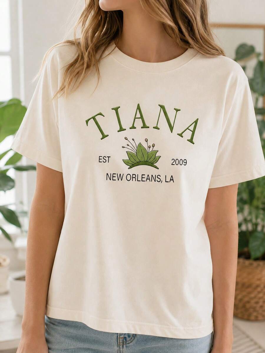 Women's Casual Cotton Short Sleeve Round Neck T-Shirt With Tiana New Orleans Print, Regular Fit Top - [淺黃色] - 查看 1