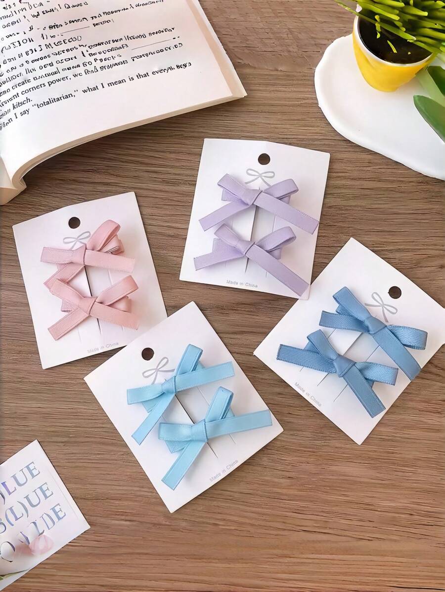 8pcs Mini Ribbon Bow Hair Clips, Solid Color Small Hair Clips, Sweet & Playful Side-Parting Hair Accessories, Cute Girls Daily Makeup Hairstyle Hair Accessories - Multicolor - View 1
