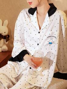 Gongdie 2pcs Set Piyama Wanita Miffy, Pakaian Santai Lembut dan Halus Warna Putih Musim Semi/Musim Gugur, Motif Polkadot Hitam, Hem Berumbai - Putih - View 2