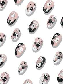 24pcs Short Round Press-On Nails, White & Black, Short Ghost & Moon Design, Halloween Nails - 彩色 - 查看 2
