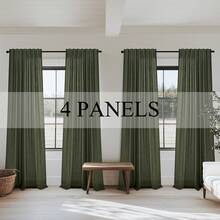 4 Panels Semi Transparent Cotton And Linen  Curtains, Farmhouse Ring Clips Back Tab Track System Hook Belt Drapes For Bedroom Living Room Office ,Bohemian Home Decoration, Back Tab Hooks Drapes With Hooks - 橄欖綠 - 查看 12