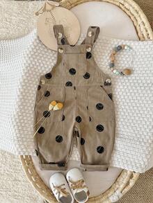Baby Girls Versatile Tennis Print Overalls With Adjustable Straps And Pockets, Casual Long Pants - Khaki - View 13
