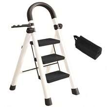 3-Step Folding Ladder With Handrail, Sturdy Non-Slip Grip Steps & Wide Base For Indoor Home Repairs, Garage, Kitchen, Bathroom - Modern Design Accessible Ladders - 3-step - View 1