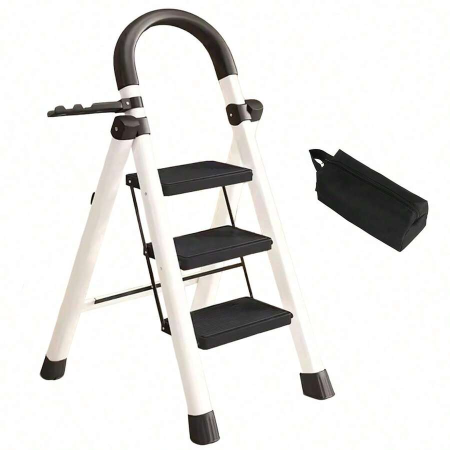 3-Step Folding Ladder With Handrail, Sturdy Non-Slip Grip Steps & Wide Base For Indoor Home Repairs, Garage, Kitchen, Bathroom - Modern Design Accessible Ladders - 3-step - View 1