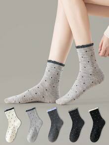 ZUJO 3 Pairs Sweet Women's Mid-Calf Socks, Polka Dot Pattern Bubble Lace Short Socks, Simple And Comfortable, Suitable For Spring, Autumn, Winter Sports Wear, Random Color - Multicolor - View 3