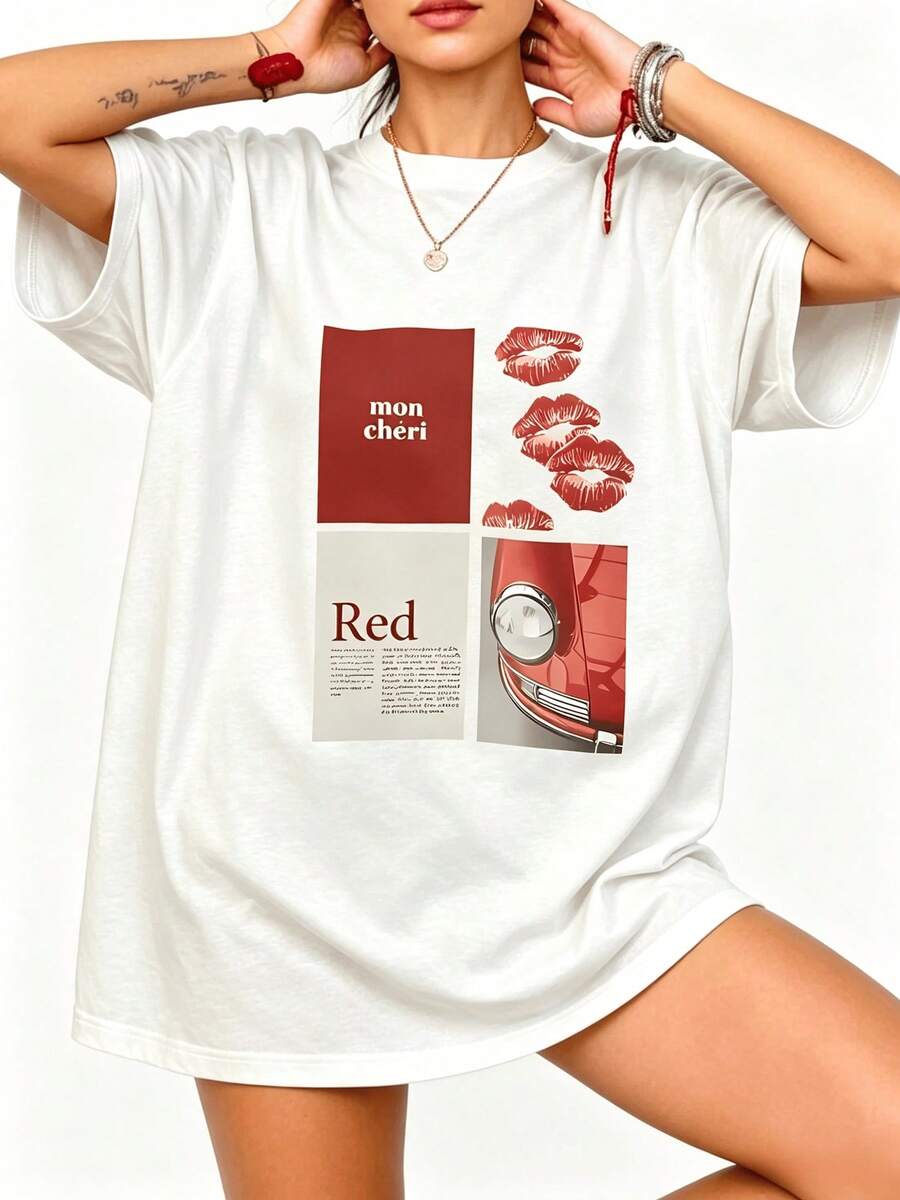 Casual Short-Sleeve Fitted Crew Neck T-Shirt For Women Featuring A Graphic Print Of Red Lips And Mon Cheri Design, Perfect For Spring And Summer - style1 - 查看 1