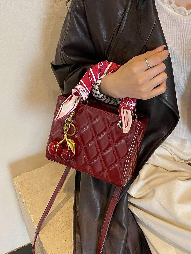 Fashionable New Women's Handbag Solid Color Minimalist PU Small Square Bag Elegant Sophisticated High-End Versatile Delicate Bag With Silk Scarf And Cherry Pendant Valentine's Day Gift Bag - Red - View 4
