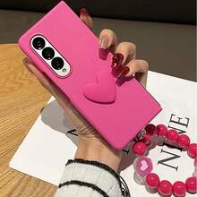 Cute Korean Style Rose Red Phone Case With Rabbit Shaped Beaded Ring Bracelet, Compatible With Samsung Galaxy Z Fold 8 Ultra, Shockproof Anti-Fall Anti-Scratch Protective Cover - Hot Pink - View 2